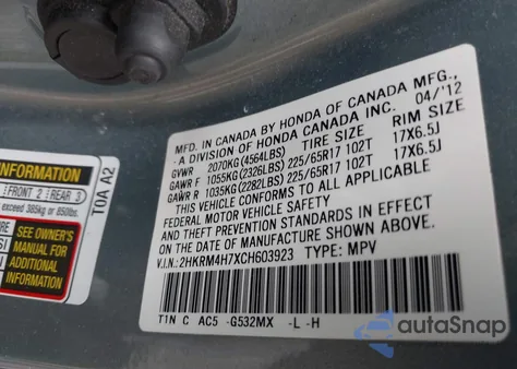 2012 Honda Cr-V Ex-L from USA, damaged, VIN 2HKRM4H7XCH603923